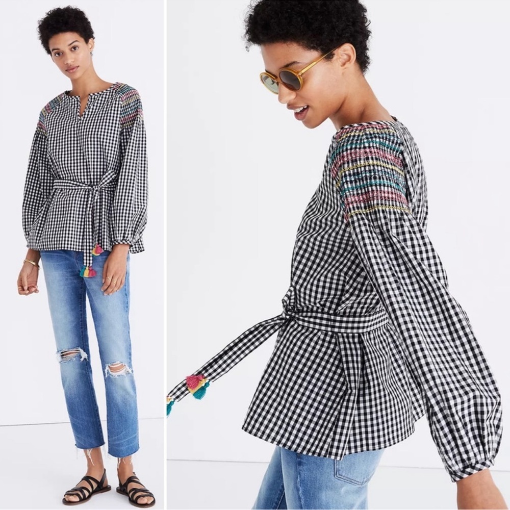 Madewell Smocked Gingham Top In Black & White